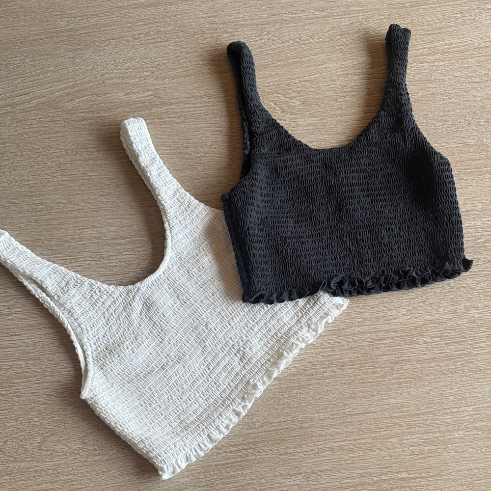 Smocked Ribbed Crop Tank Top Duo - Black & Cream